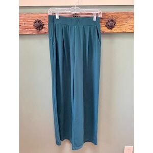 Halara Teal Green Ribbed Wide Leg High Waisted Pleated Pockets Pants Small